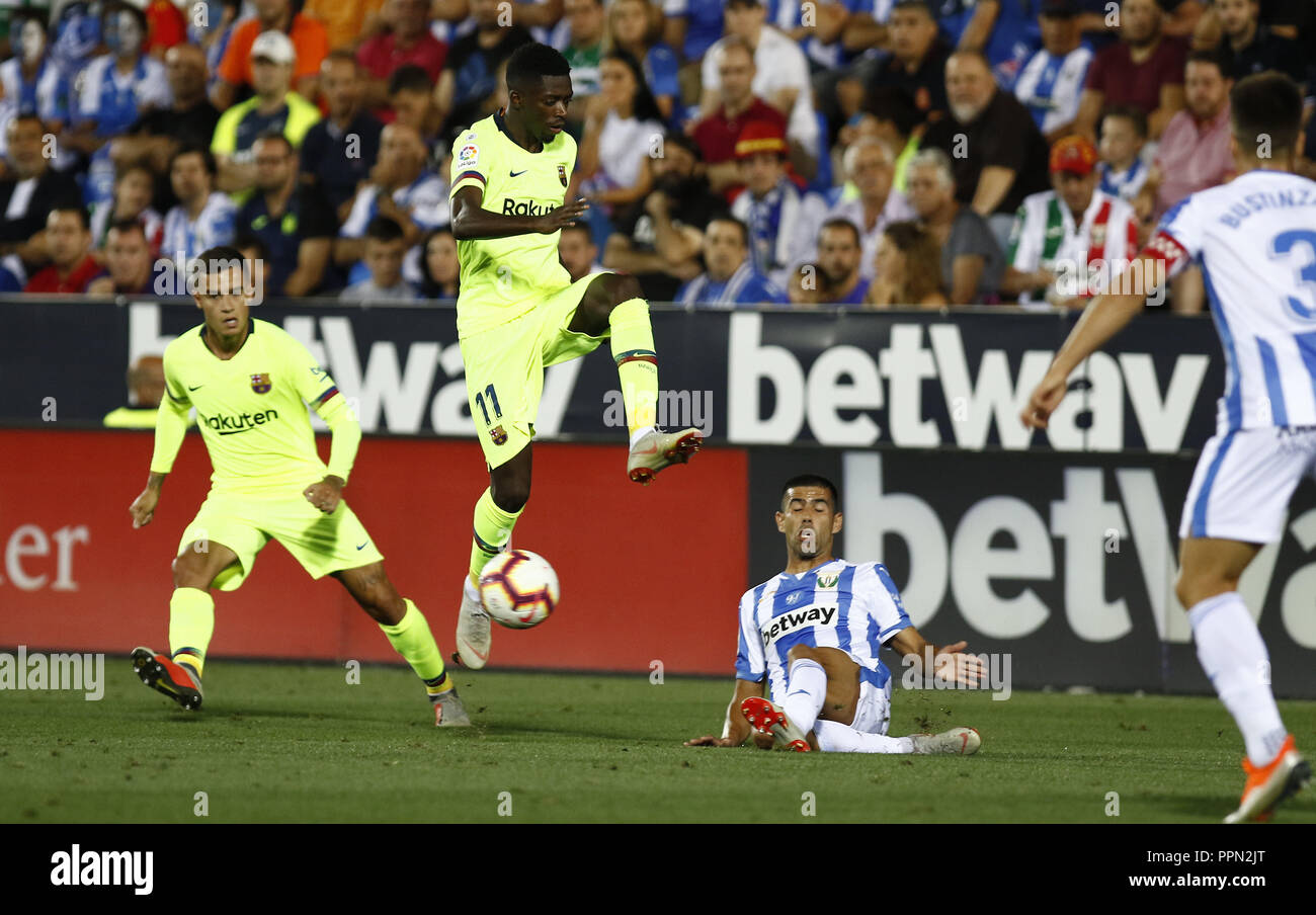 Leganes, Madrid, Spain. 26th Sep, 2018. Ousmane Dembele (FC Barcelona) seen in action with Juanfran Moreno (CD Leganes) during the game.La Liga match between CD Leganes and FC Barcelona at Butarque Stadium. Credit: Manu Reino/SOPA Images/ZUMA Wire/Alamy Live News Stock Photo