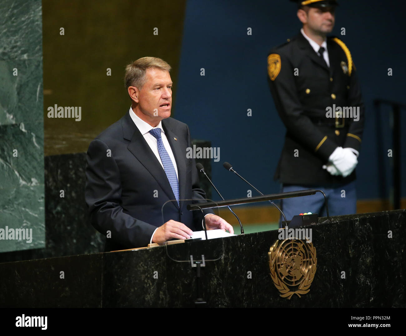 United Nations, New York, USA. 26th Sep, 2018. Romanian President Klaus Iohannis addresses the General Debate of the 73rd session of the United Nations General Assembly at the UN headquarters in New York, on Sept. 26, 2018. Credit: Qin Lang/Xinhua/Alamy Live News Stock Photo