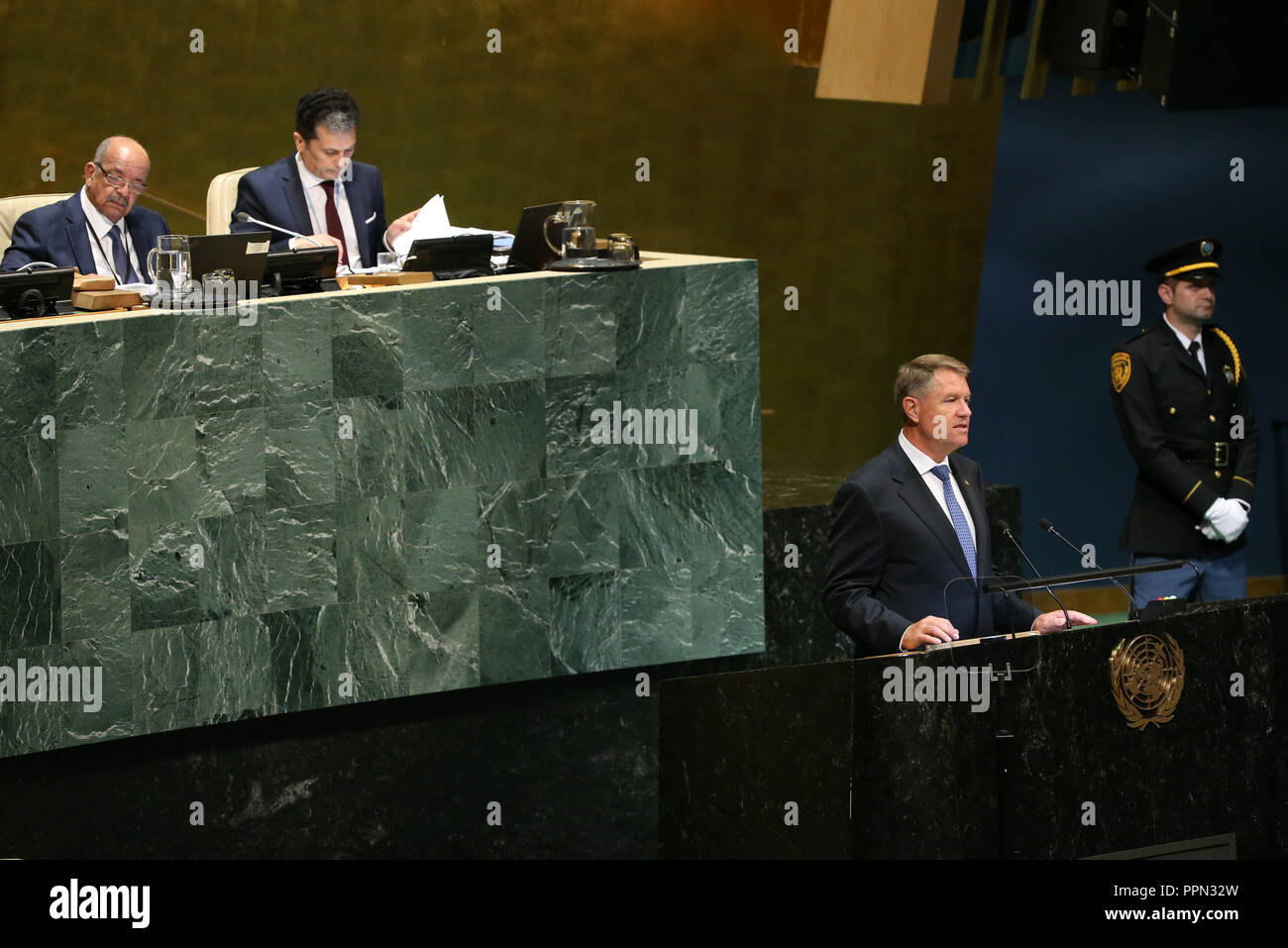 United Nations, New York, USA. 26th Sep, 2018. Romanian President Klaus Iohannis addresses the General Debate of the 73rd session of the United Nations General Assembly at the UN headquarters in New York, on Sept. 26, 2018. Credit: Qin Lang/Xinhua/Alamy Live News Stock Photo