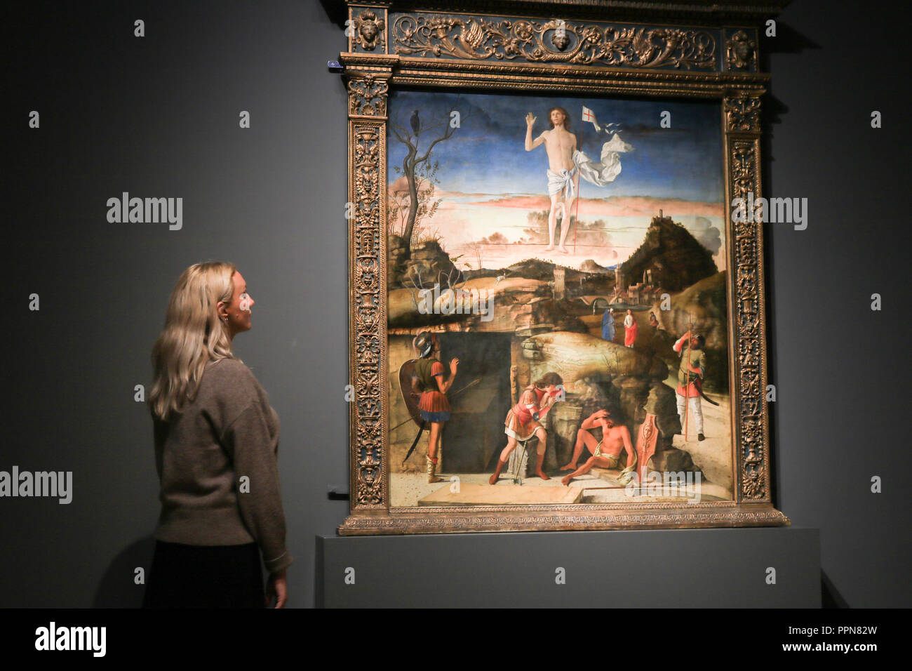 London UK. 27th September 2018. Guiovanni Bellini "The Resurrection of  Christ", 1475-9. Press Preview at the National Gallery with rare  collections of paintings by Italian Renaissance artists Giovanni Bellini  from Venice and