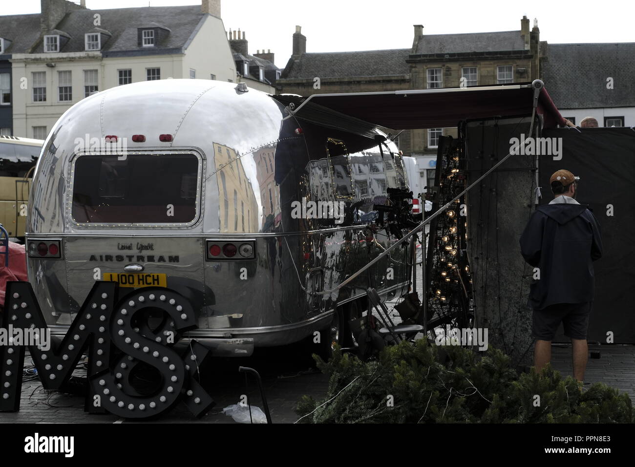 Kelso, Scotland, UK. 26th Sept 2018.   Marks & Spencer Christmas Advert 2018.  Production staff setting the location for the filming of the Marks and Spencer 2018 Christmas Advert, the location in Kelso in the Scottish Borders on Wednesday 26 September 2018   (Photo by Rob Gray / Freelance) Credit: Rob Gray/Alamy Live News Stock Photo