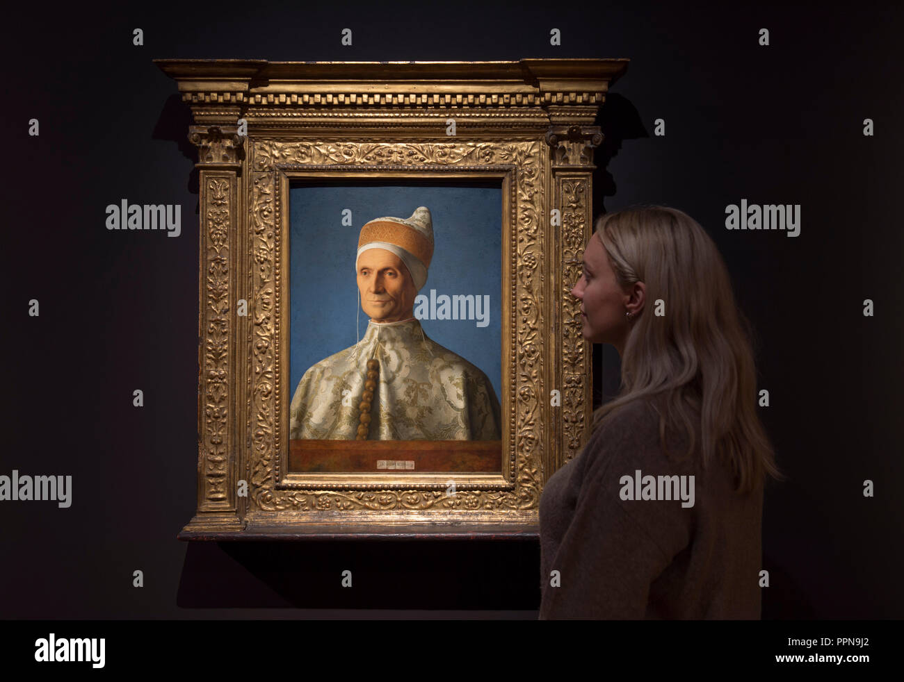 National Gallery, London, UK. 27 September, 2018. Following their respective careers in Padua and Venice, and Mantegna’s fame as court painter to the powerful Gonzaga family in nearby Mantua, ‘Mantegna and Bellini’ is the first-ever exhibition to explore the creative links between these artists and brothers-in-law. Image: Giovanni Bellini, Doge Leonardo Loredani, about 1501-2. The National Gallery, London. Credit: Malcolm Park/Alamy Live News. Stock Photo