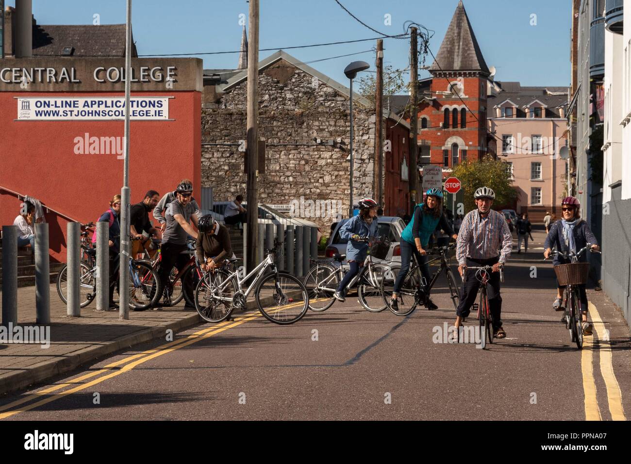 Cork, Ireland. 27th Sept, 2018.   St Johns Central College Student Staff Cycle for Campus Cycle Week, Cork City. Today at 1pm both students and staff gathered in the plaza of St Johns Central College on the annual student staff cycle. The cycle was lead by John Dean, a teacher in the college. The student staff cycle was a part of Campus Cycle Week which runs from September 24th to the 28th. Credit: Damian Coleman/Alamy Live News. Stock Photo