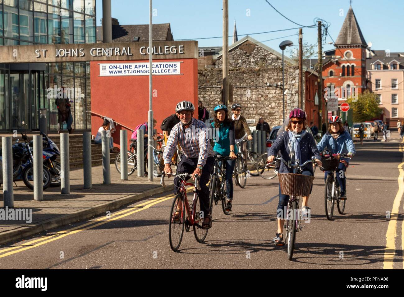 Cork, Ireland. 27th Sept, 2018.   St Johns Central College Student Staff Cycle for Campus Cycle Week, Cork City. Today at 1pm both students and staff gathered in the plaza of St Johns Central College on the annual student staff cycle. The cycle was lead by John Dean, a teacher in the college. The student staff cycle was a part of Campus Cycle Week which runs from September 24th to the 28th. Credit: Damian Coleman/Alamy Live News. Stock Photo