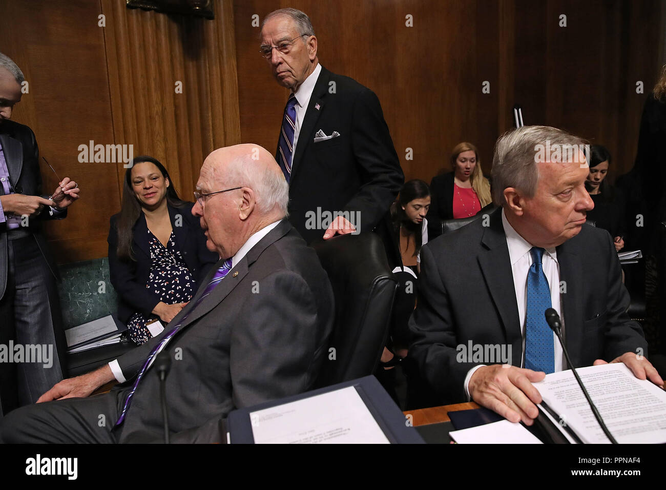Washington, DC, USA. 27th Sep, 2018. WASHINGTON, DC - SEPTEMBER 27: Senate Judiciary Committee Chairman Charles Grassley (R-IA) (C) and committee members Sen. Patrick Leahy (D-VT) (L) and Sen. Richard Durbin (D-IL) prepare for the arrival of Christine Blasey Ford in the Dirksen Senate Office Building on Capitol Hill September 27, 2018 in Washington, DC. A professor at Palo Alto University and a research psychologist at the Stanford University School of Medicine, Ford has accused Supreme Court nominee Judge Brett Kavanaugh of sexually assaulting her during a party in 1982 when they were Stock Photo