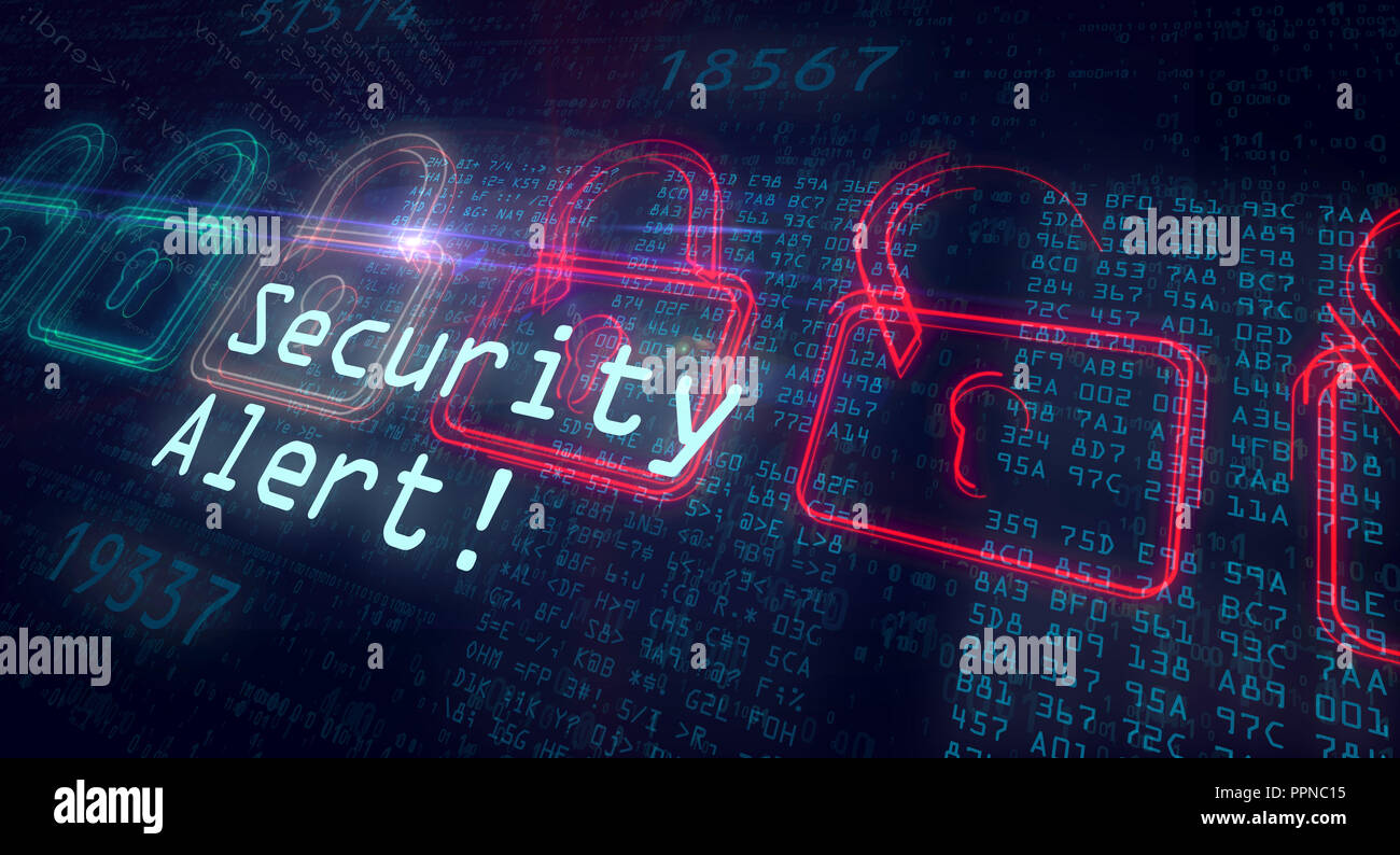 Security alert and safety in internet. Red and green padlocks on digital background. Stock Photo