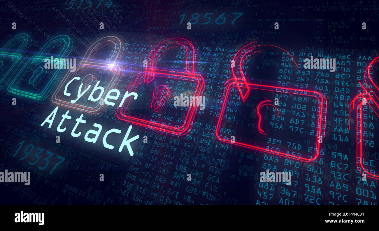 Cyber attack and safety in internet. Red and green padlocks on digital background. Stock Photo