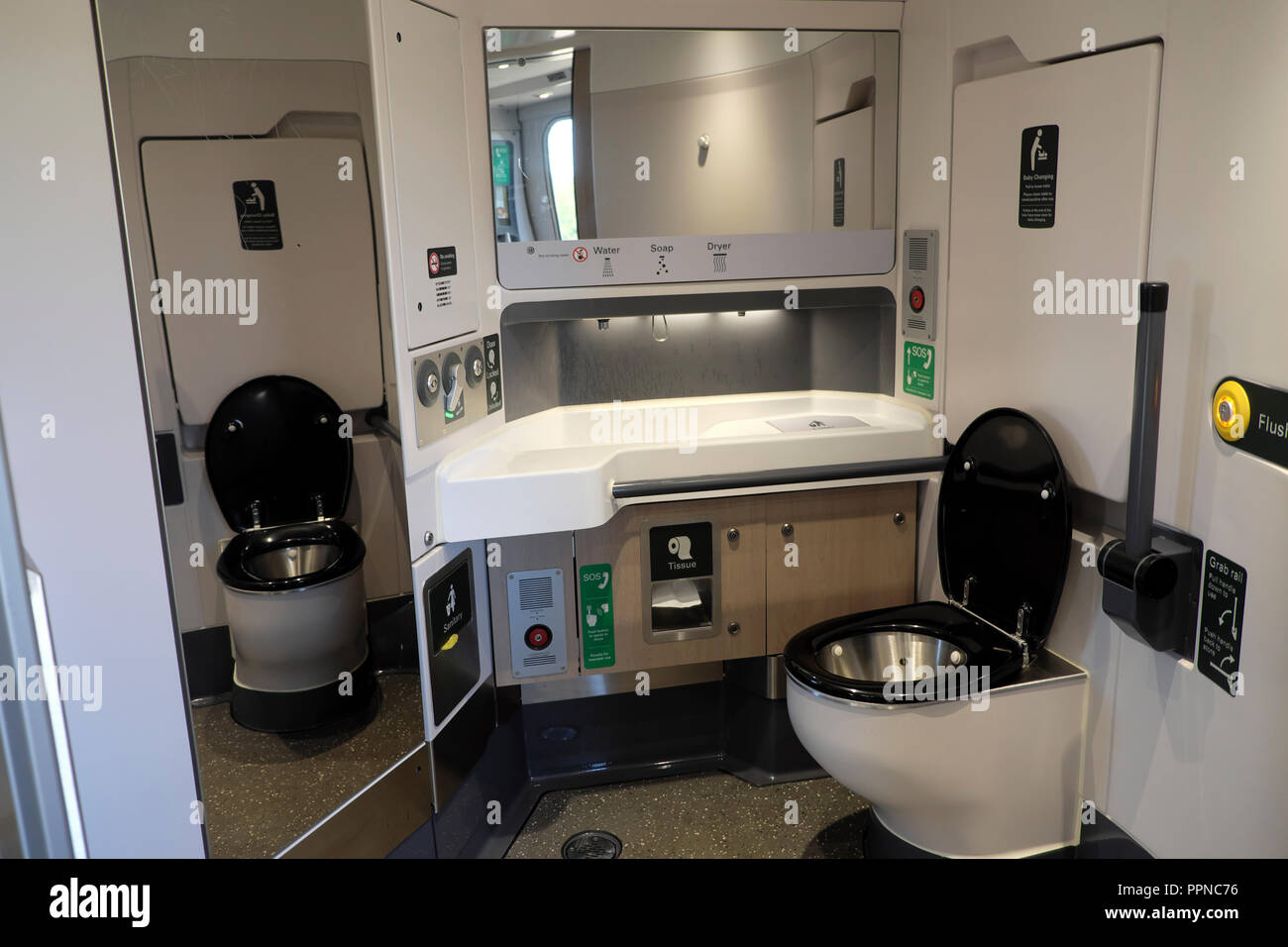 Interior view of a toilet lavatory rom on a new Great Western Railway GWR train Britain UK  KATHY DEWITT Stock Photo