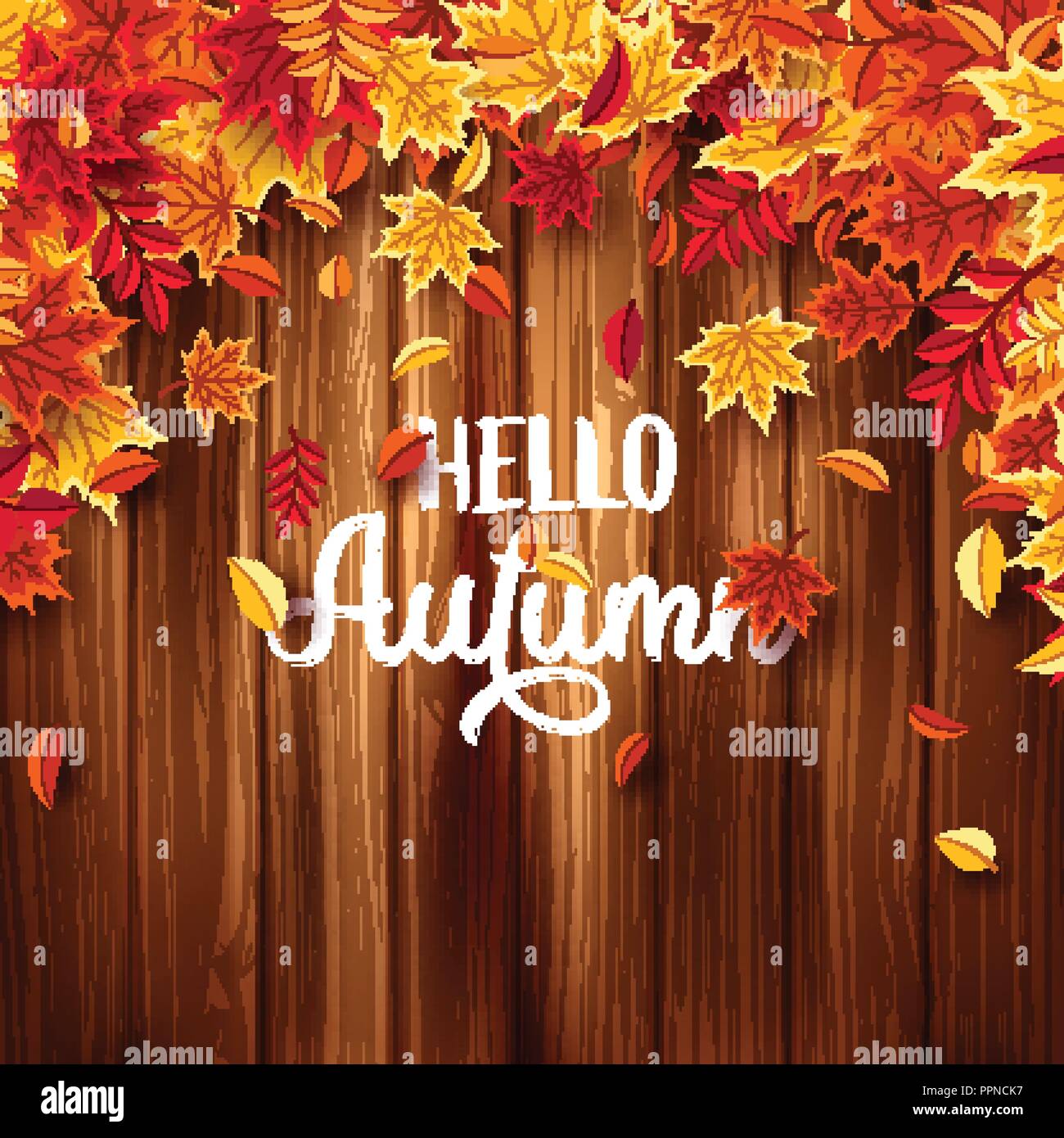 Autumn falling leaves with wood. Nature background with red, orange, yellow foliage. Flying leaf. Season sale. Vector illustration.Wooden texture. Stock Vector