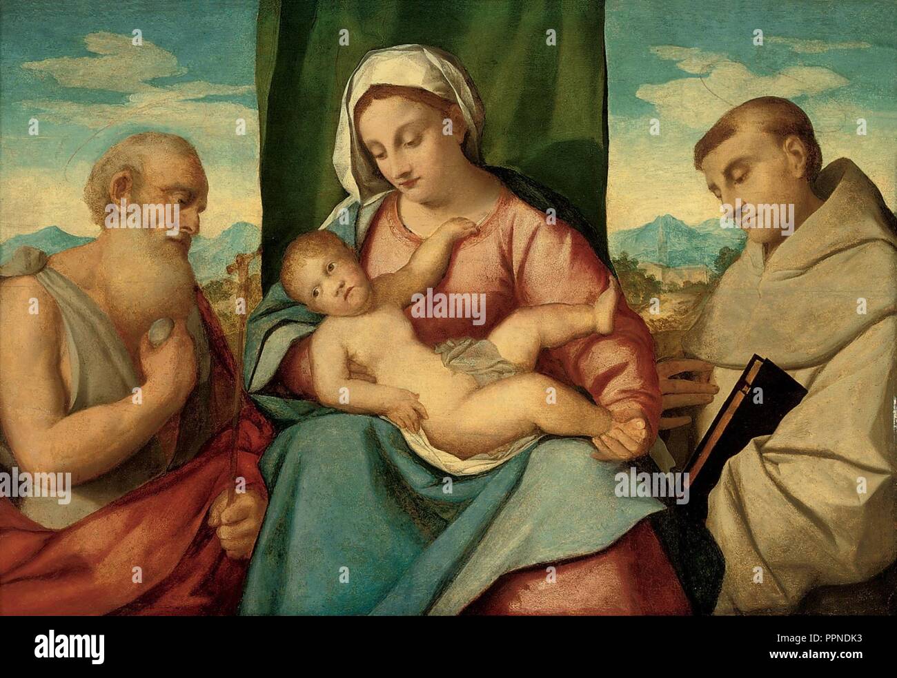 Bonifacio de' Pitati - La Madonna col Bambino ei santi Girolamo e Francesco d'Assisi. Stock Photo