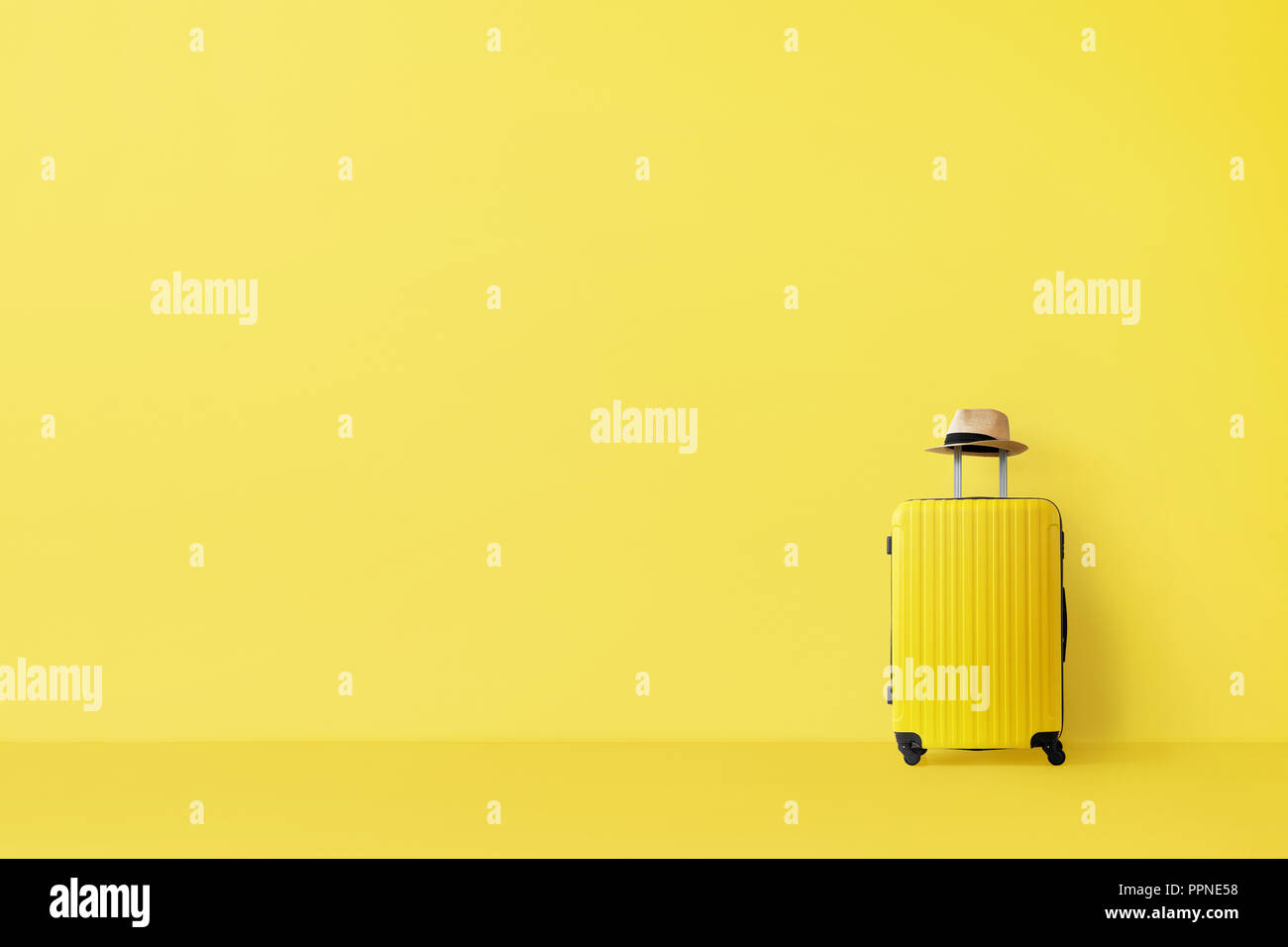 Ready to go, travel concept. Single suitcase in empty yellow room with