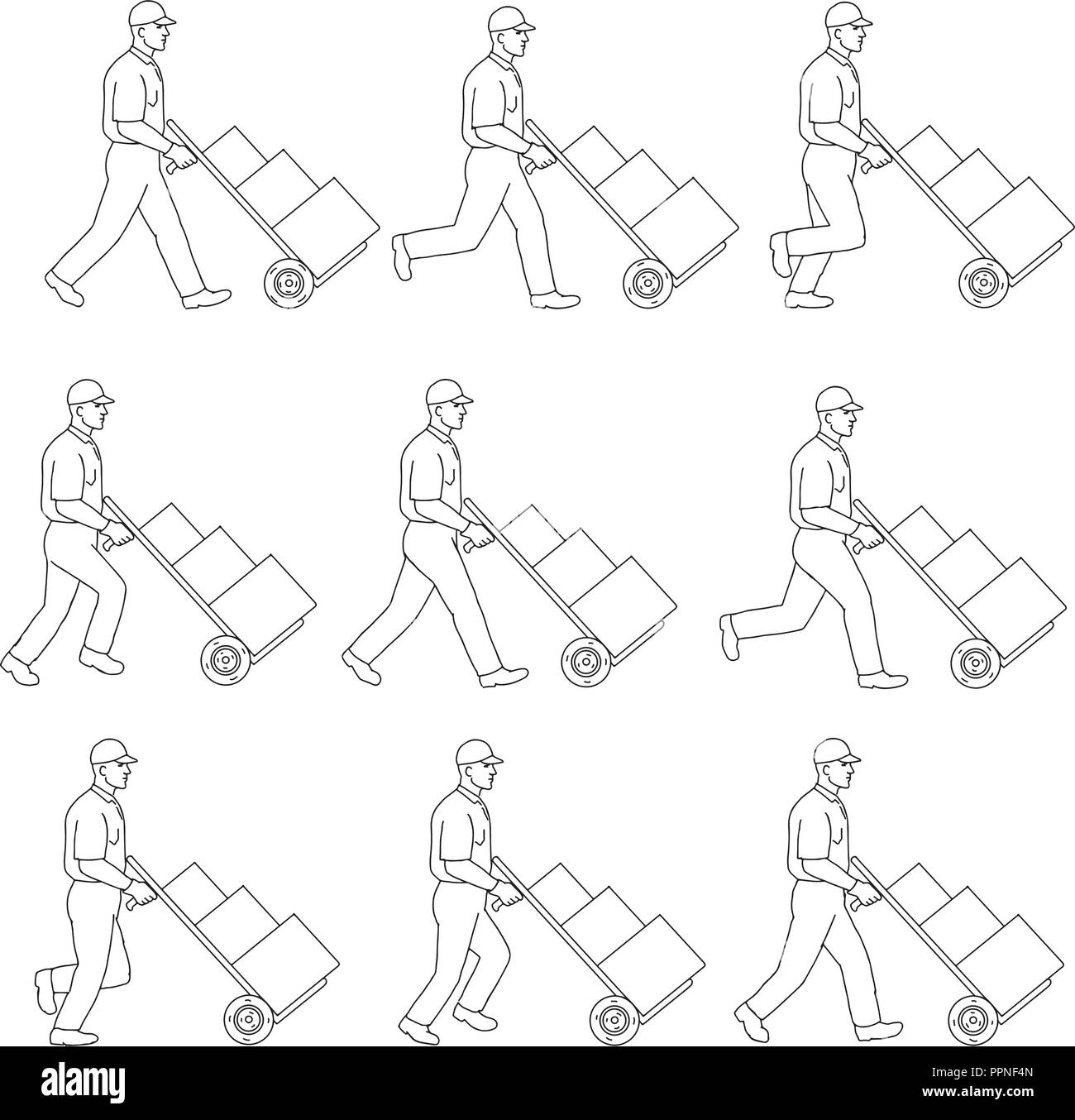 Drawing sketch style illustration of a delivery worker walking pushing a hand cart, pushcart or hand trolley with boxes in walk cycle sequence on isol Stock Vector
