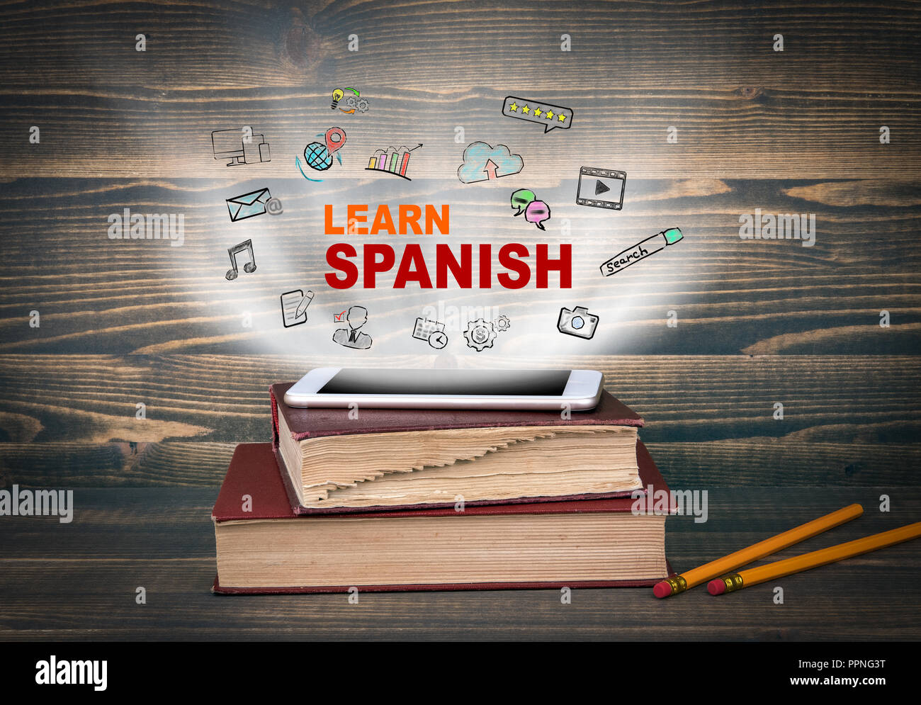 learn Spanish, education and business background Stock Photo Alamy