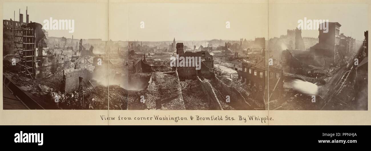 Boston Fire from Washington & Bromfield panoramic by Whipple, 1872. Stock Photo