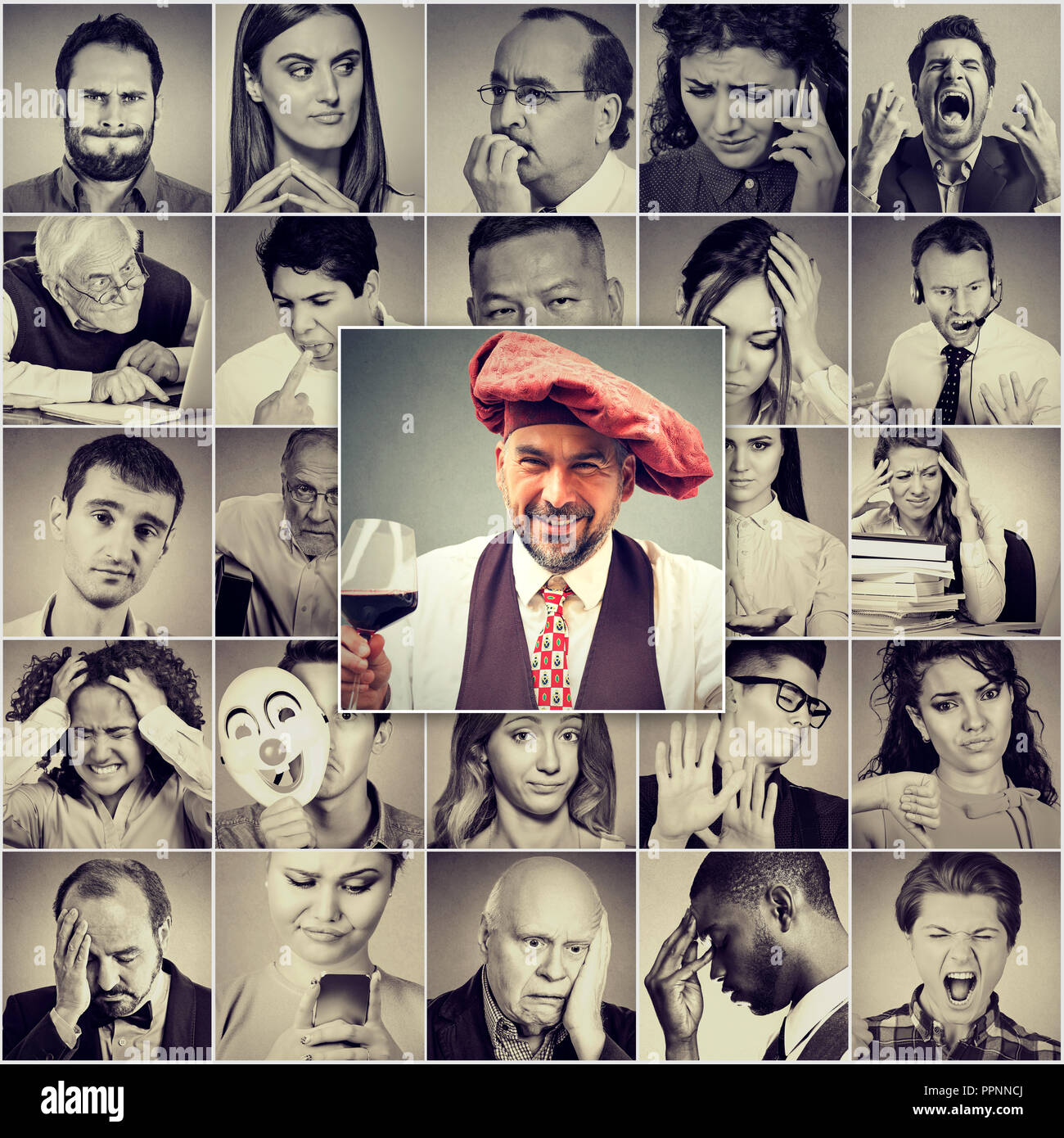Collage of men and women in group having different negative emotions and feelings with one positive man holding glass of red wine in front Stock Photo