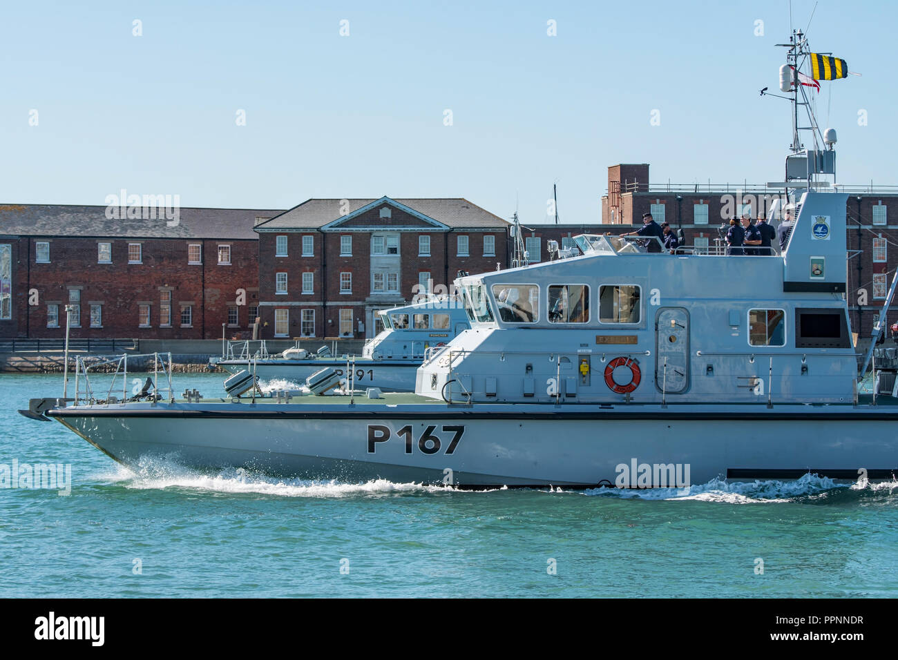 Archer Class (P2000) patrol boats of the Royal Navy leaving Portsmouth Harbour, UK for a squadron exercise in The Solent on the 26th September 2018. Stock Photo
