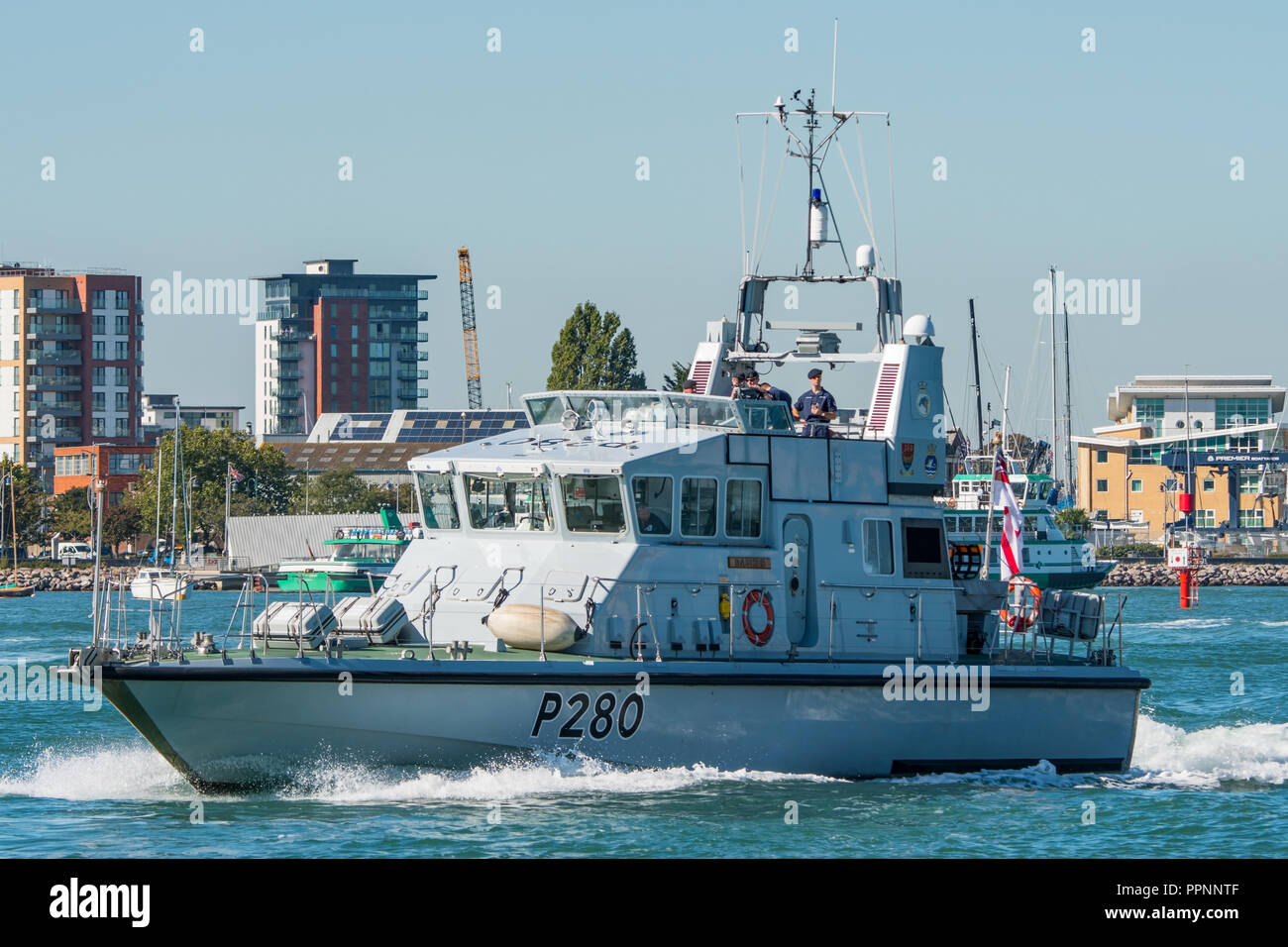 Archer Class (P2000) patrol boat of the Royal Navy leaving Portsmouth Harbour, UK for a squadron exercise in The Solent on the 26th September 2018. Stock Photo