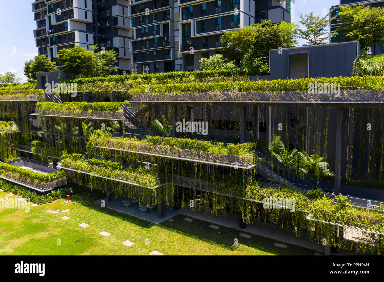 lush landscaping on the ground plane that travels up the building facades in the form of green terracing, roof gardens and green sky terraces. Stock Photo