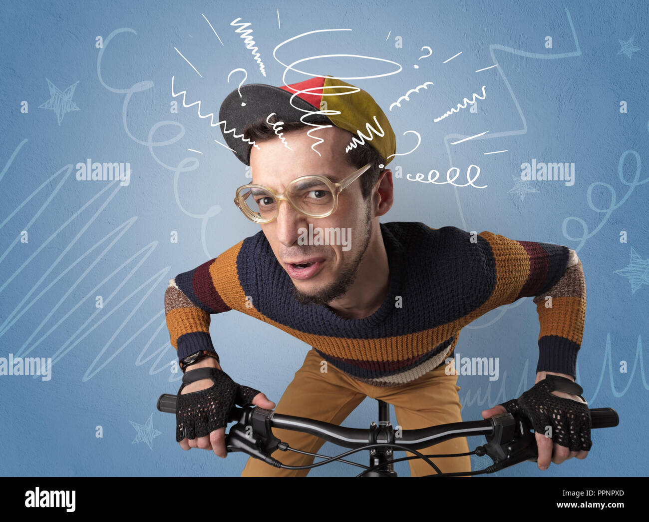 Young foolish crazy rider with doodle on the background Stock Photo - Alamy