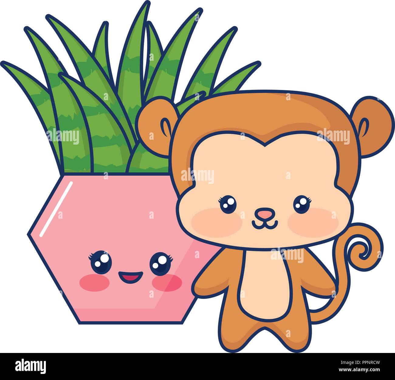 cute monkey animal baby smiling plant vector illustration Stock Vector