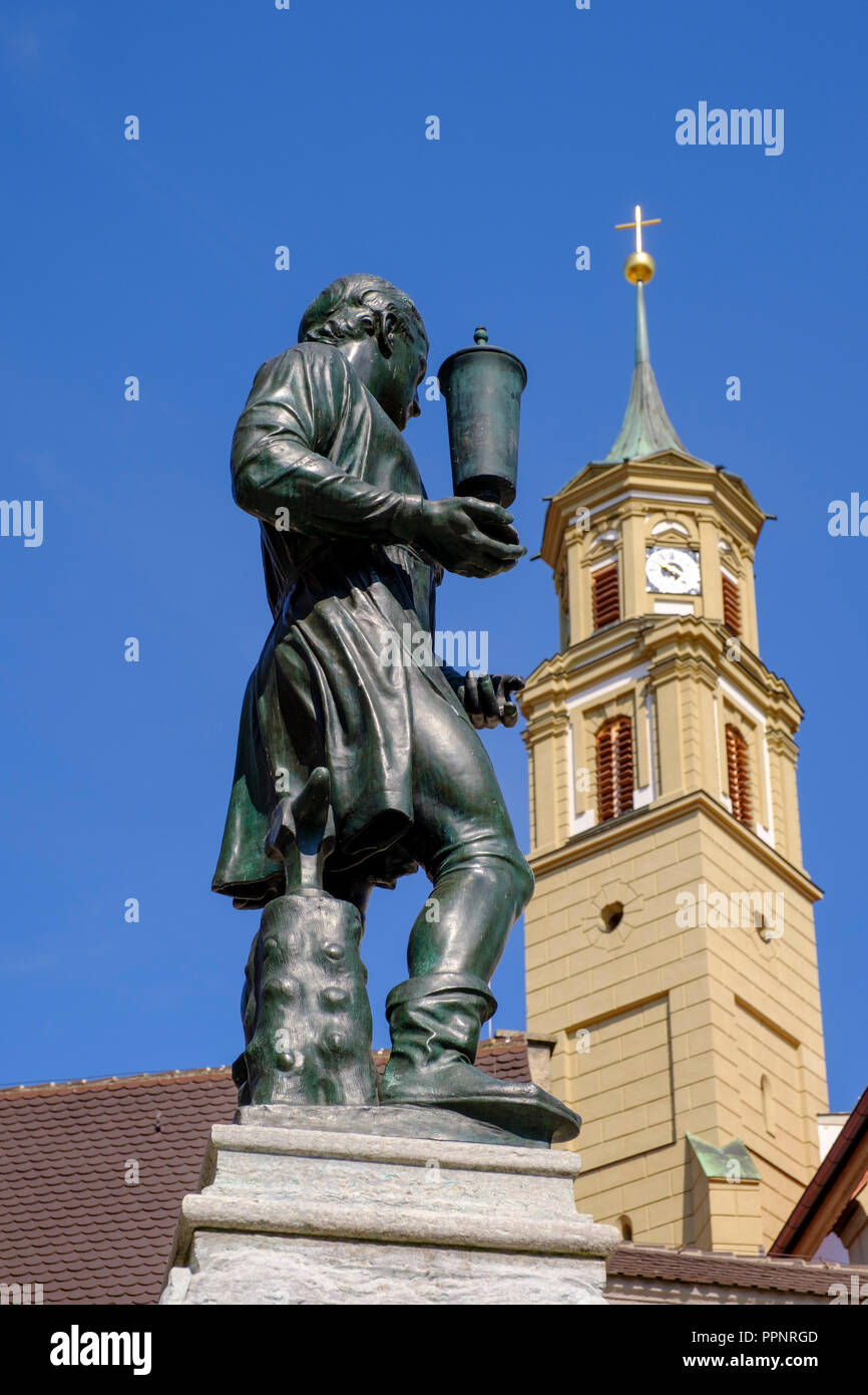 Goldsmith fountain and church tower of Annakirche, Martin Luther Square, midtown, Augsburg, Swabia, Bavaria, Germany Stock Photo