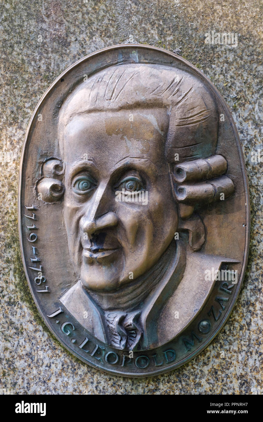 Portrait of Leopold Mozart, Mozart memorial in the Fronhof, Augsburg, Swabia, Bavaria, Germany Stock Photo