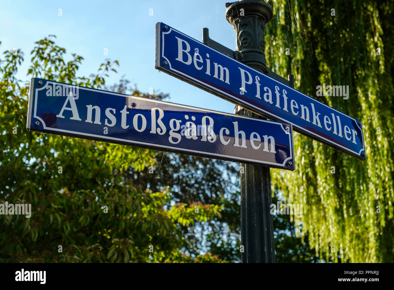 Street signs Beim Pfaffenkeller and Anstoßgäßchen, Bleich und Pfärrle, Augsburg, Swabia, Bavaria, Germany Stock Photo