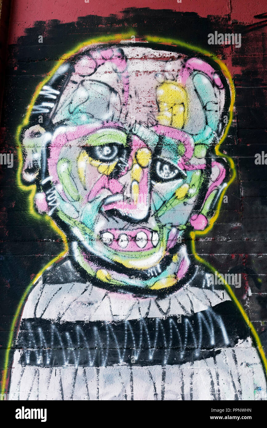 Face, sad, depressed, abstract, colored, graffiti, Duisburg, North Rhine-Westphalia, Germany Stock Photo