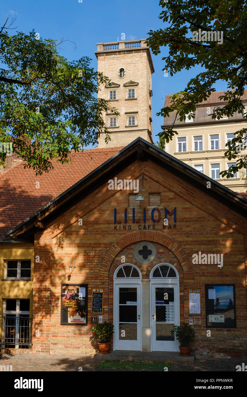 Unterer Brunnenturm and Cinema Café Liliom, Jakobervorstadt, Augsburg, Swabia, Bavaria, Germany Stock Photo