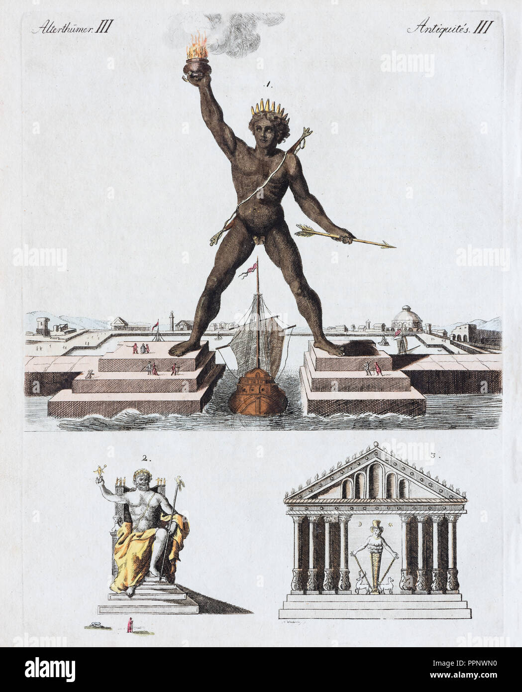 Colossus of Rhodes, Seven Wonders of the World, hand-colored copperplate engraving by Friedrich Justin Bertuch Picture book for Stock Photo