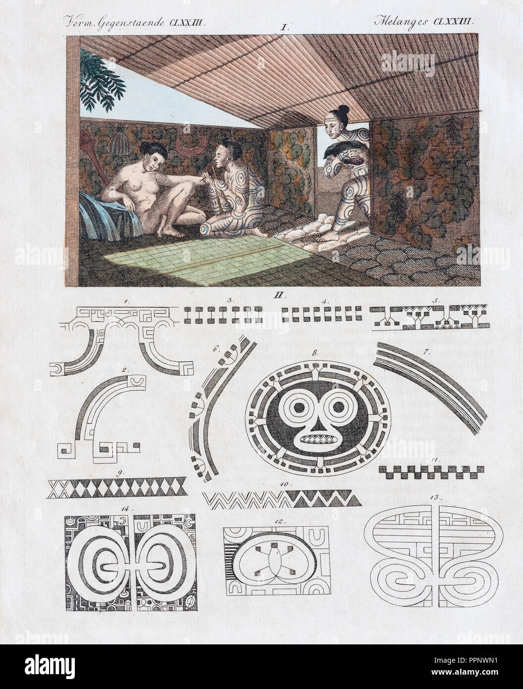 Tattoo art on Nuka Hiva, hand-colored copper engraving from Friedrich Justin Bertuch picture book for children, 1813, Weimar Stock Photo