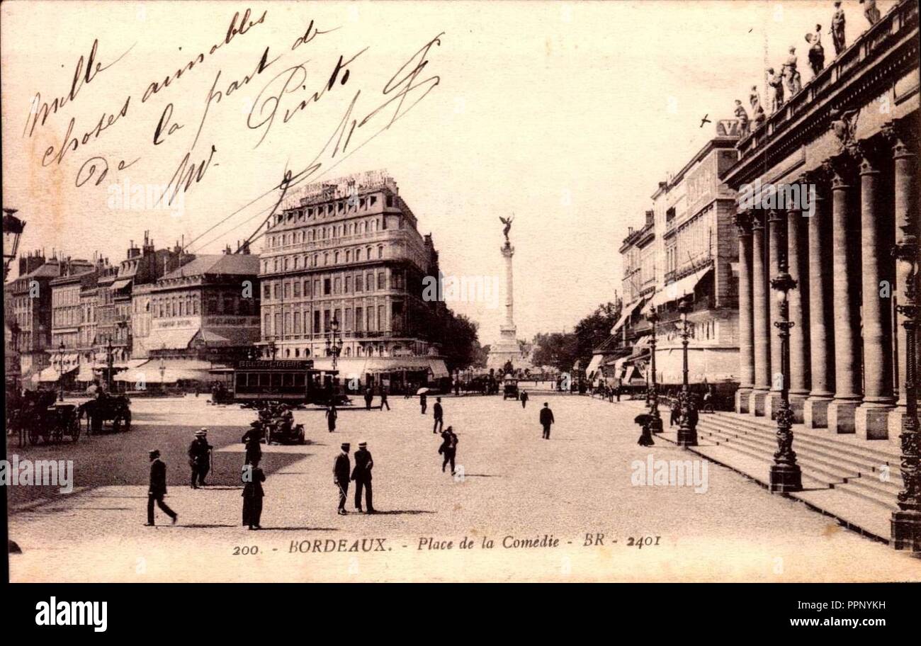 Tirage Photographique Albuminé Vintage - Bordeaux, Place De La Comédie Vers 1890 - 11x19 Cm