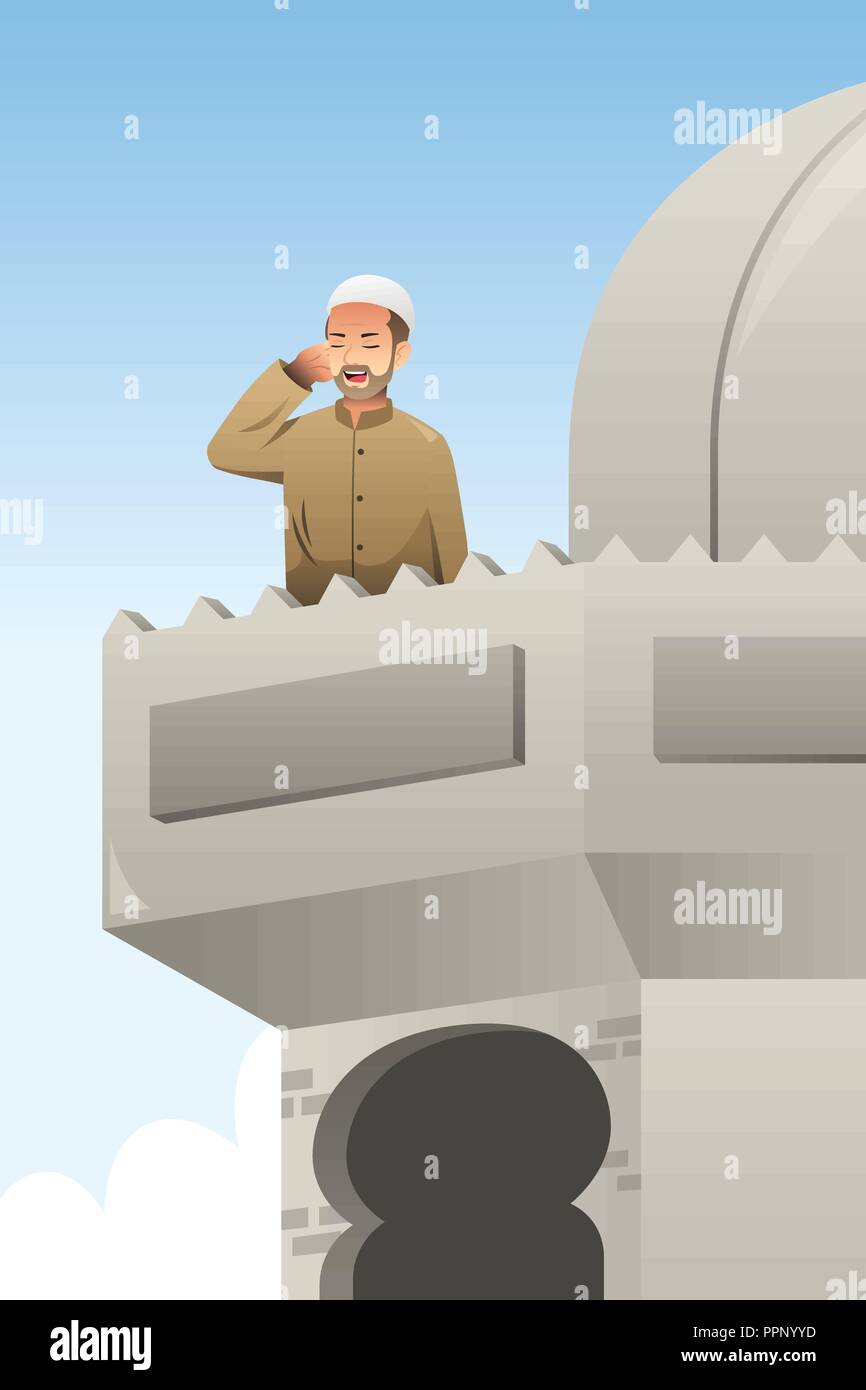 A vector illustration of Muslim Man Calling Out for Prayer in a Mosque Stock Vector