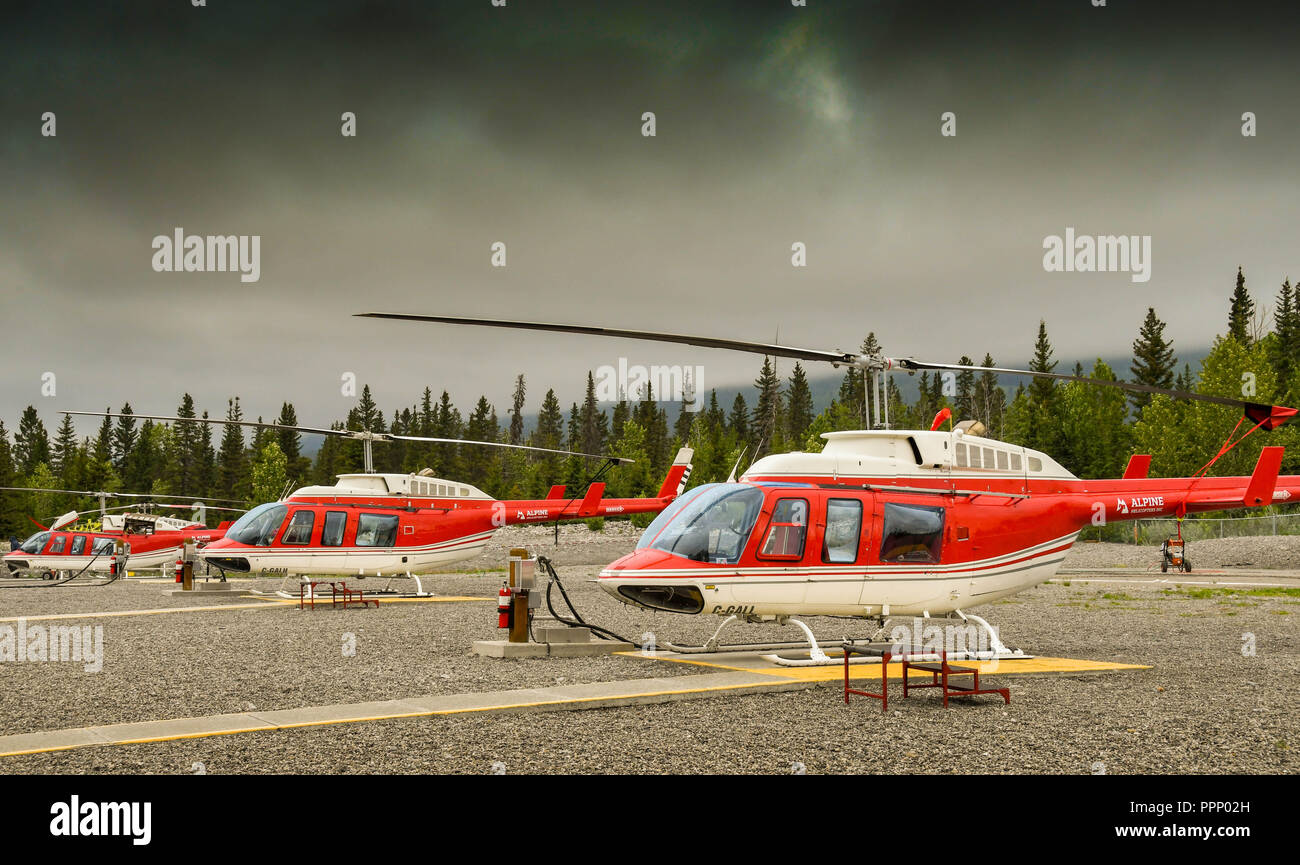 CANMORE, ALBERTA, CANADA - JUNE 2018: Bell 206 Longranger helicopters lined up at the base of Alpine Helicopters in Canmore. Stock Photo