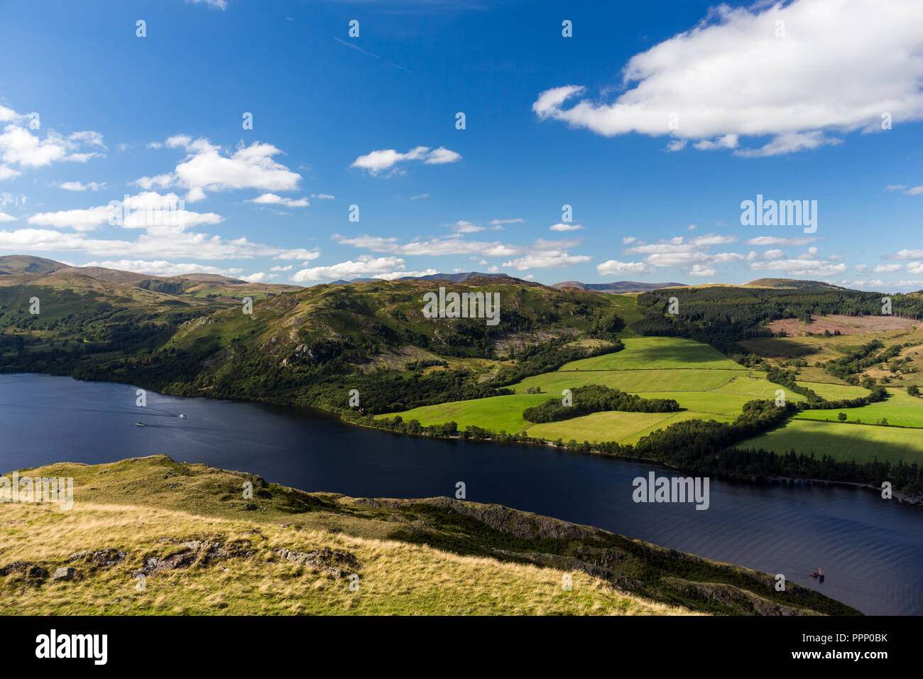 Gowbarrow Fell and Swinburn's Park beside  Ullswater. Viewed from summit of Hallin Fell, Lake District, England. Stock Photo