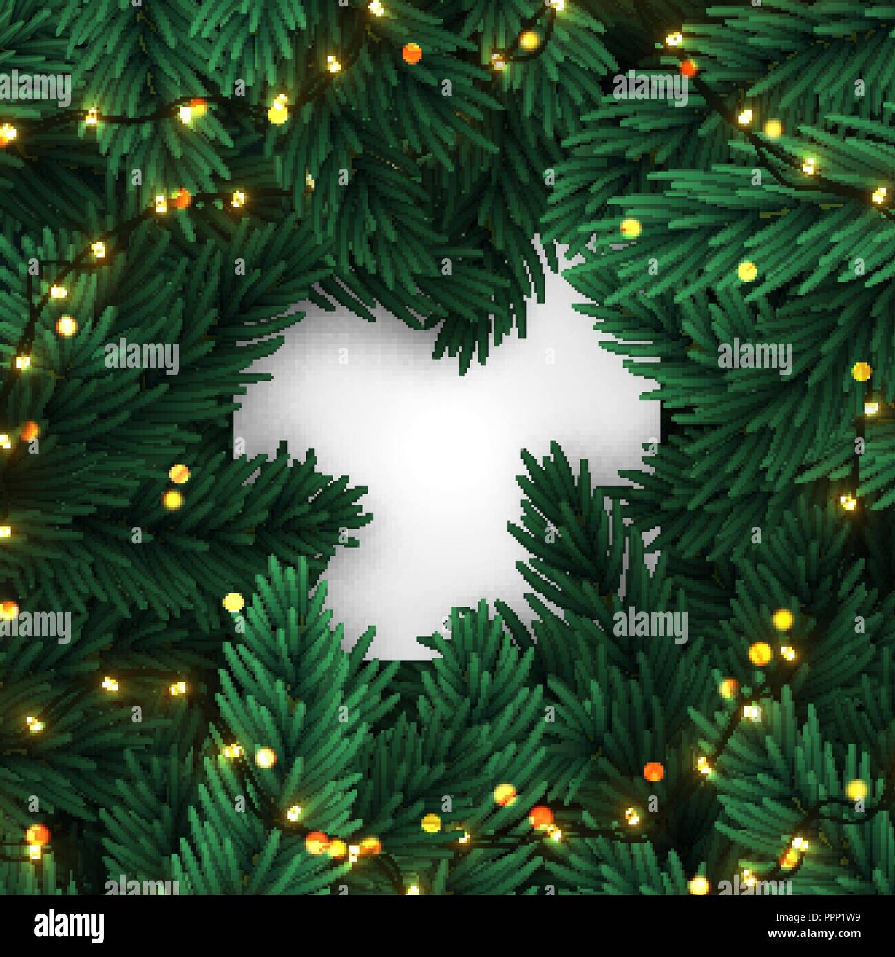 Christmas tree branches. Frame of green branch of pine and gold string ...