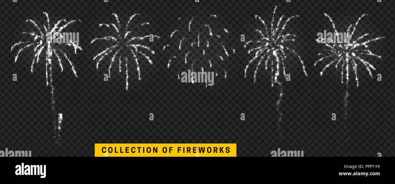 Set festive fireworks isolated on transparent background. Stock Vector