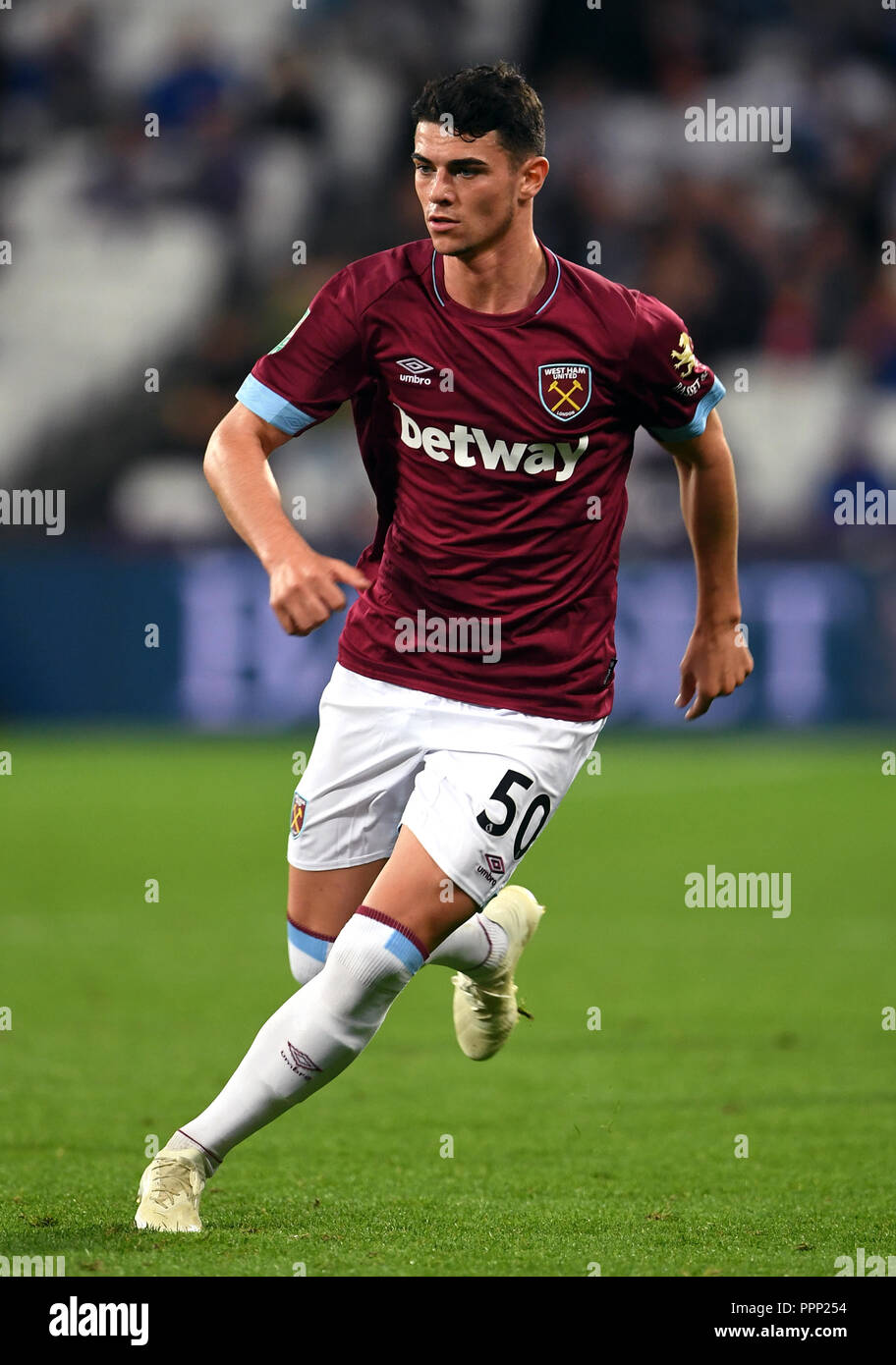 West Ham United's Joe Powell during the Carabao Cup, Third Round match at London Stadium. PRESS ASSOCIATION Photo. Picture date: Wednesday September 26, 2018. See PA story SOCCER West Ham. Photo credit should read: Joe Giddens/PA Wire. RESTRICTIONS: EDITORIAL USE ONLY No use with unauthorised audio, video, data, fixture lists, club/league logos or 'live' services. Online in-match use limited to 120 images, no video emulation. No use in betting, games or single club/league/player publications. Stock Photo
