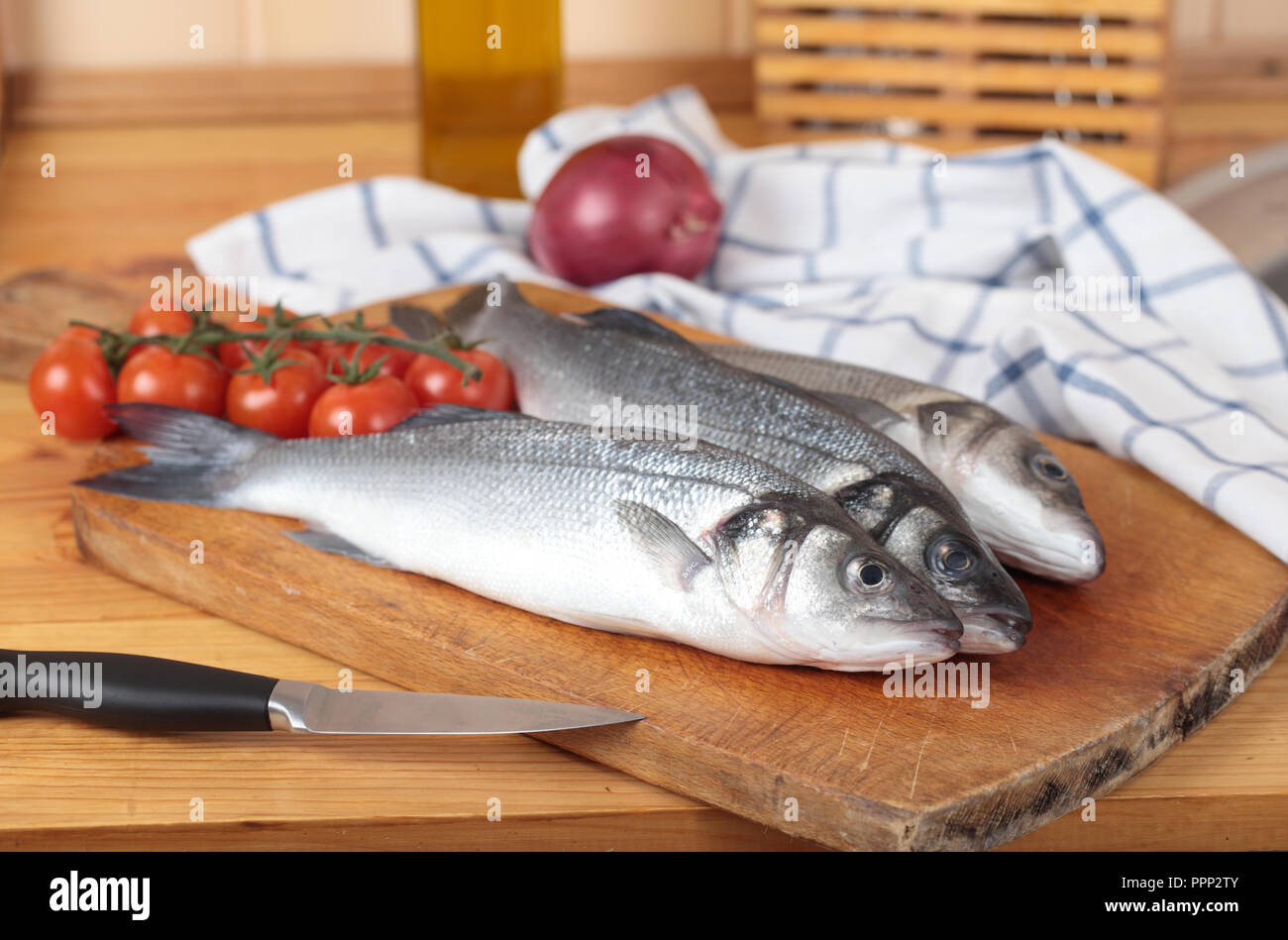 Measuring Tape, Fresh Raw Fish Sea Bass on Cutting Board, Raw Vegetables,  Spices and Nuts. Stock Image - Image of kitchen, ingredient: 191888891