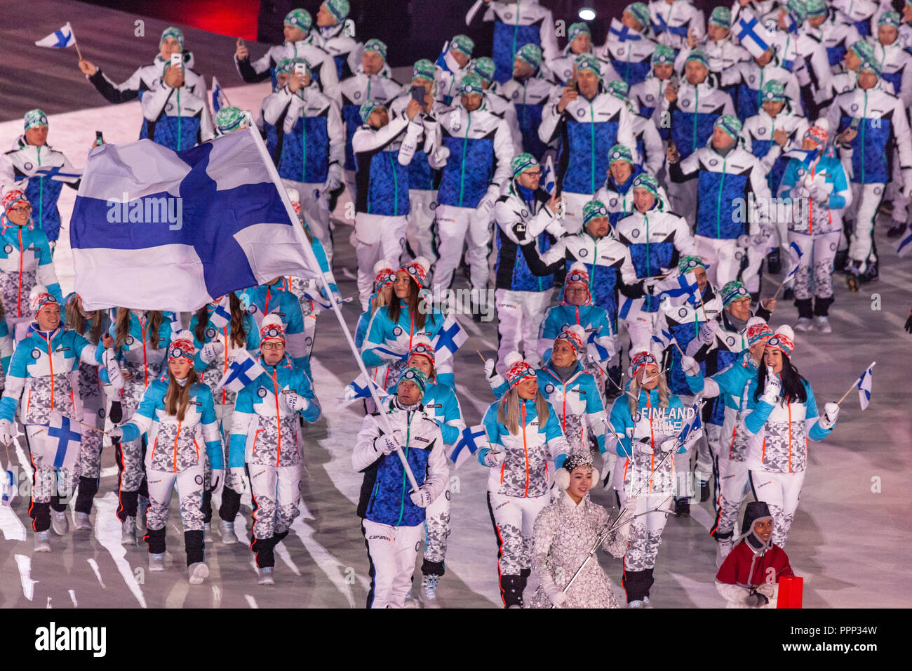 Team Finland marching in the Opening Ceremonies at the Olympic Winter Games PyeongChang 2018 Stock Photo