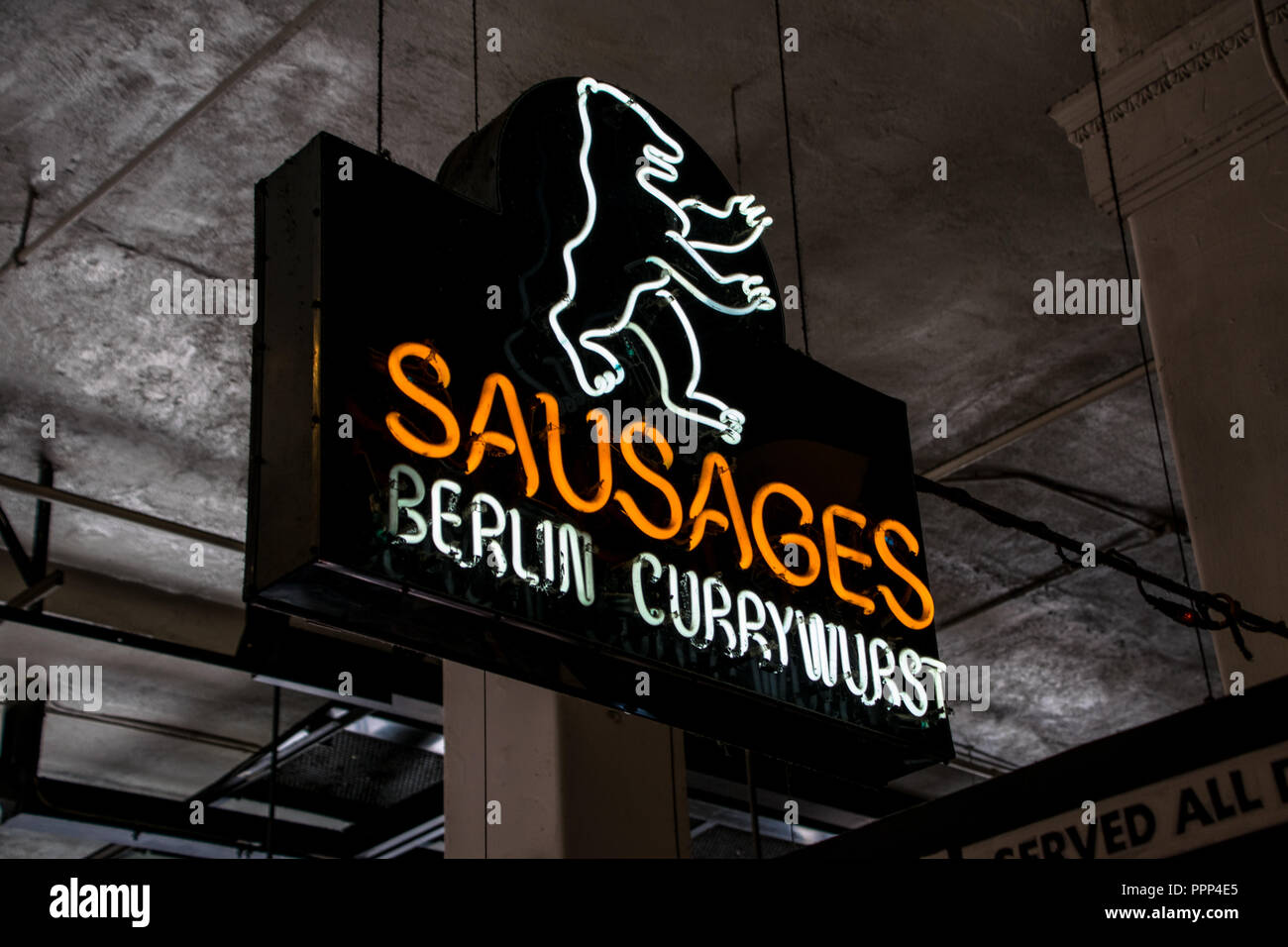 Sign for a sausage eatery inside the Grand Central Market in downtown