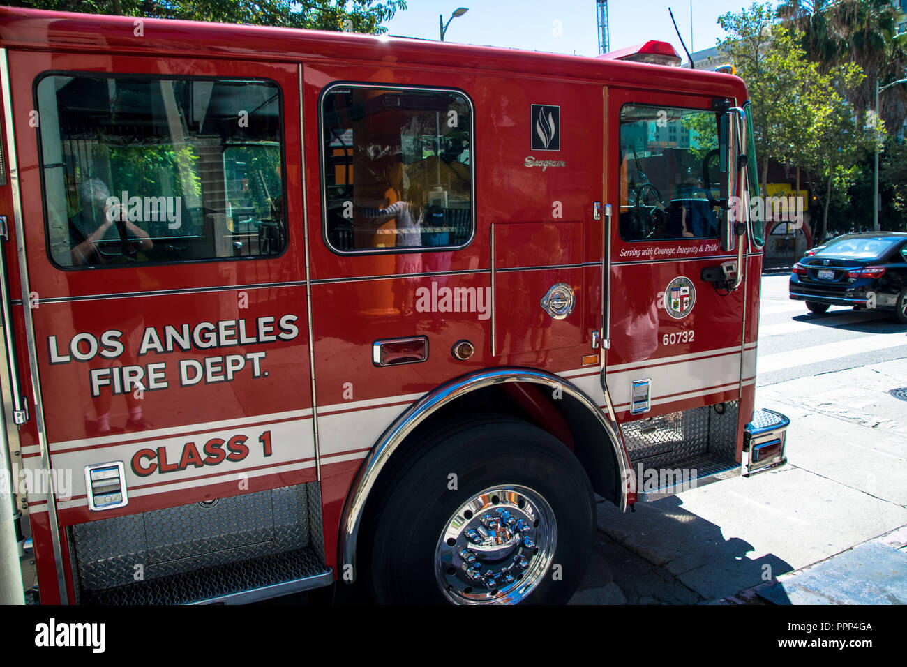 A Los Angeles Fire Department engine in downtown Los Angeles