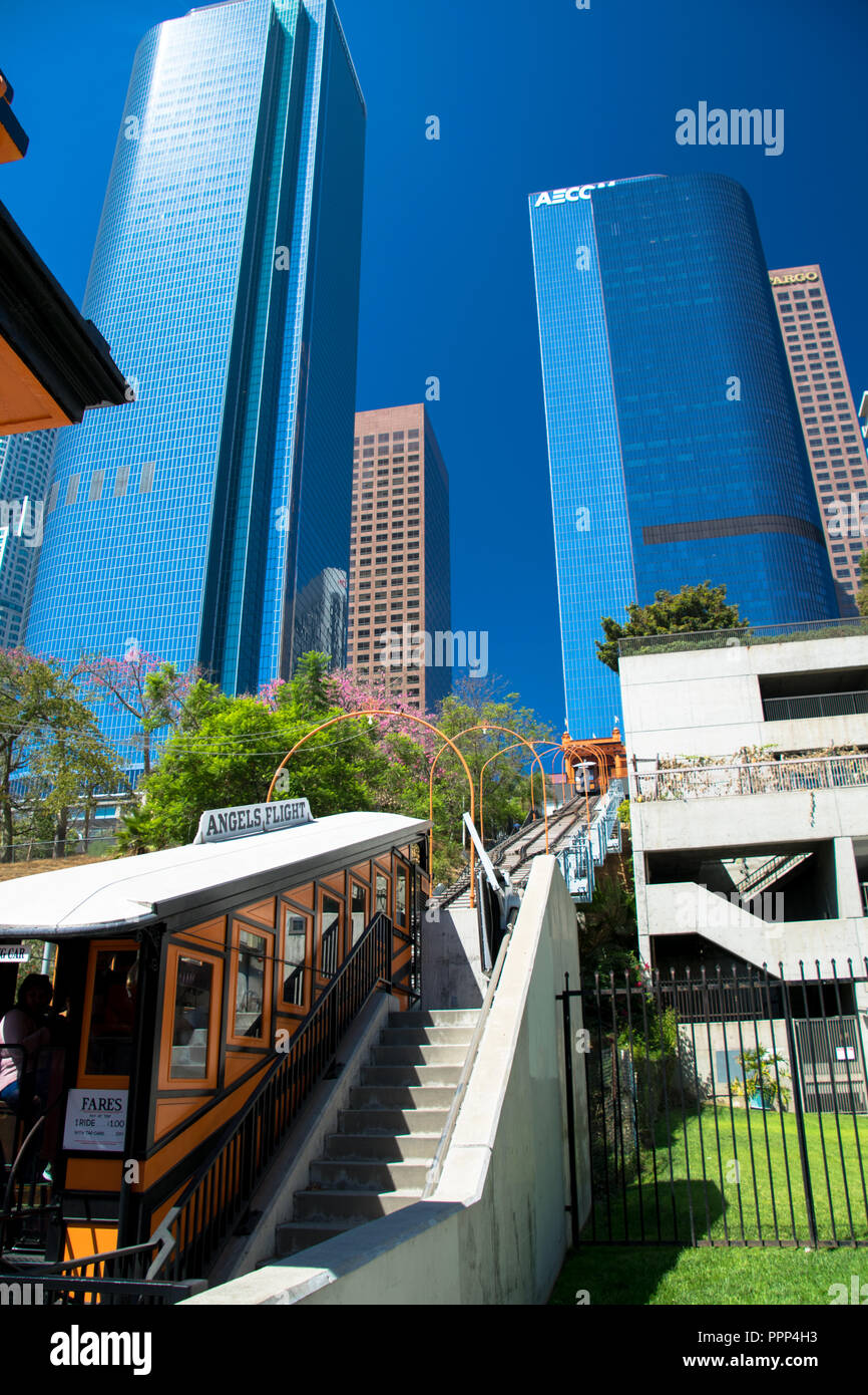 The Angels Flight inclined railway amidst the downtown Los Angeles skyline Stock Photo