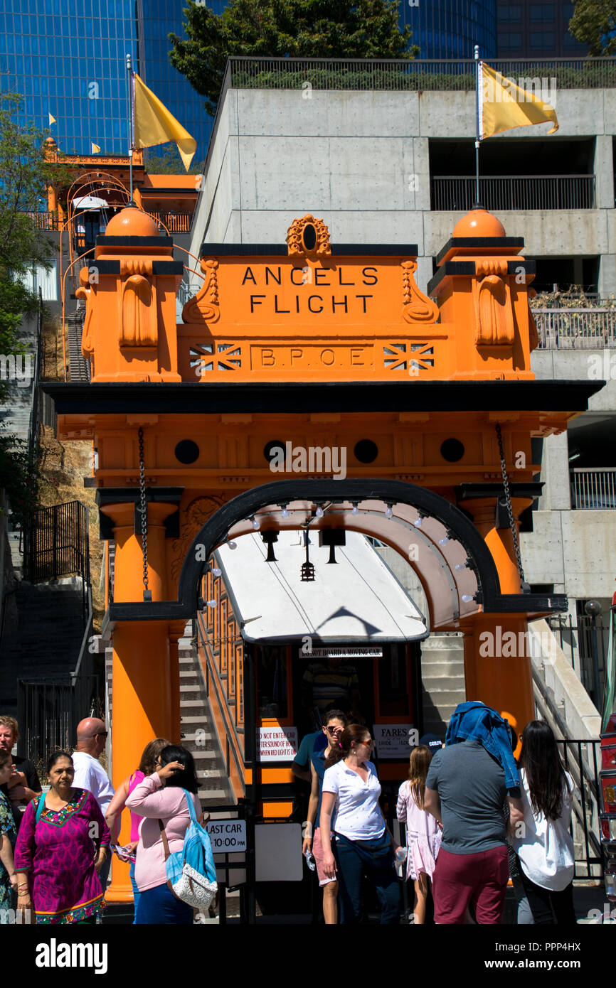 The Angels Flight inclined railway amidst the downtown Los Angeles skyline Stock Photo