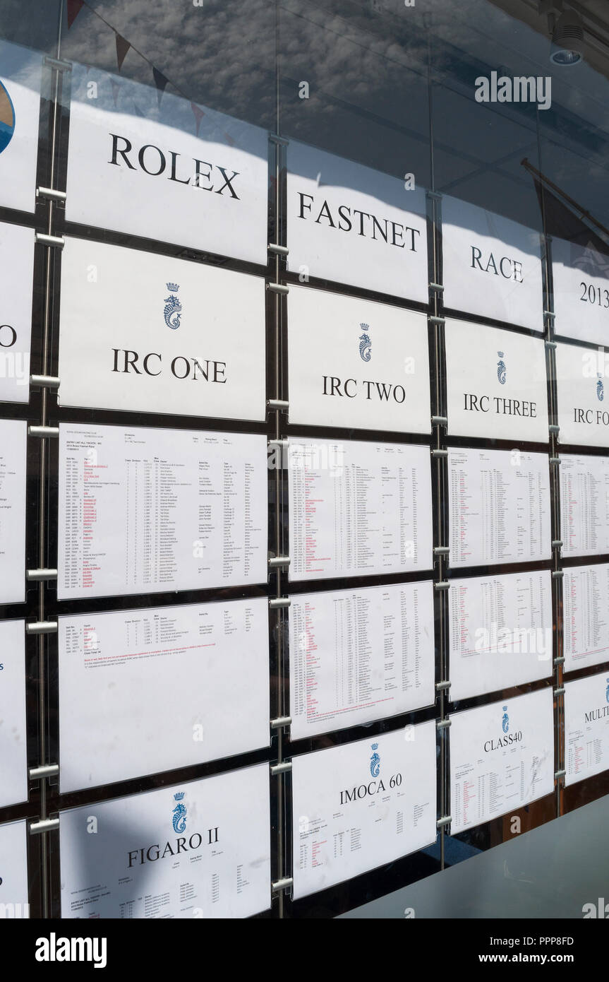 Race schedules displayed in street level window at Royal Ocean Racing Club, Cowes Week 2013, Cowes High Street, Isle of Wight, UK Stock Photo