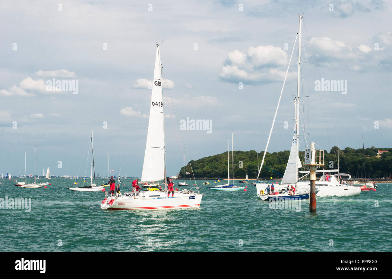 Pre-race activity on the Solent during Cowes Week 2013, Cowes, Isle of Wight, UK Stock Photo
