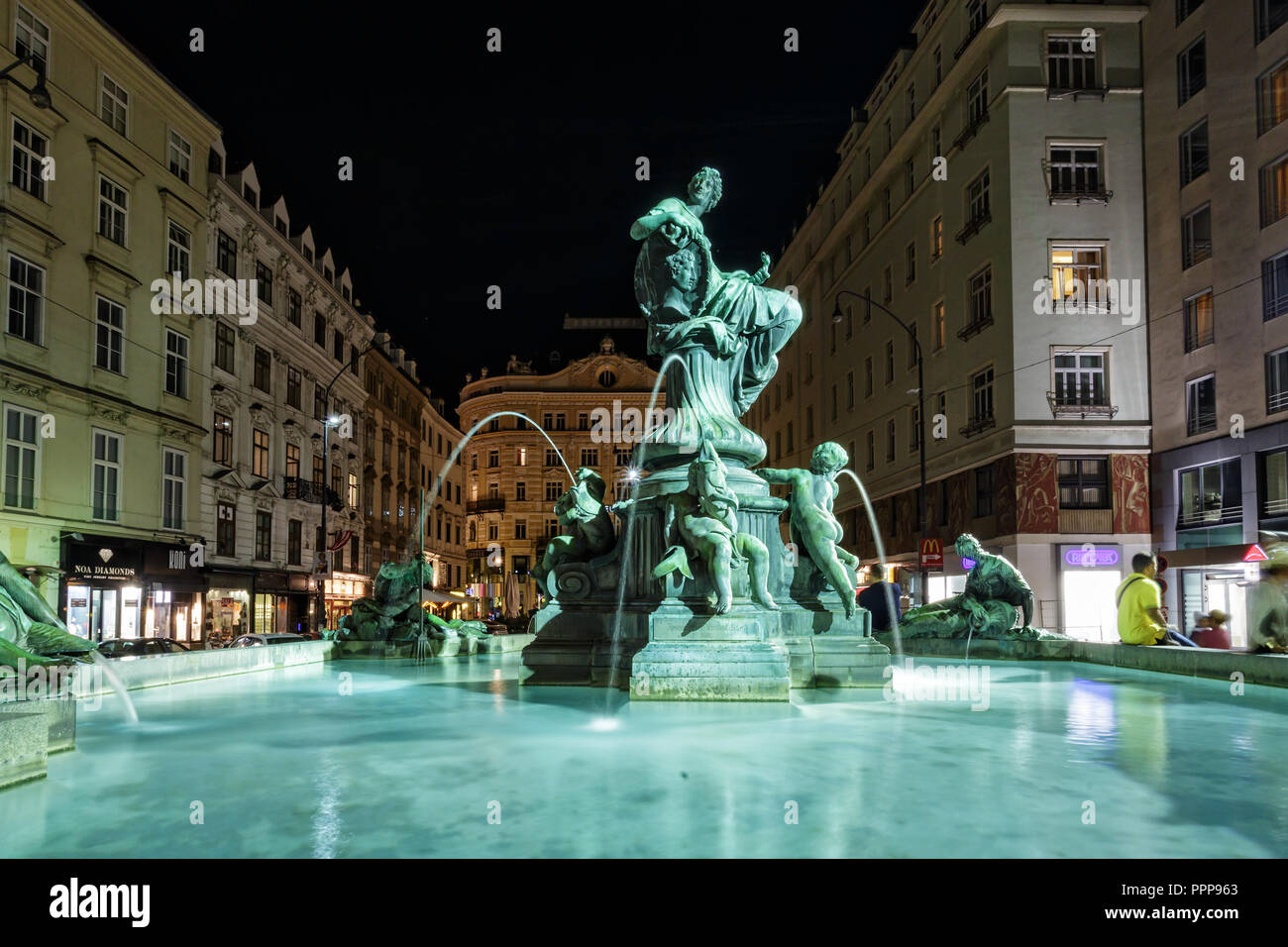 VIENNA, AUSTRIA - JULY 12 2015: Donnerbrunnen is a Baroque fountain in central Vienna of the Neuer Markt square Stock Photo