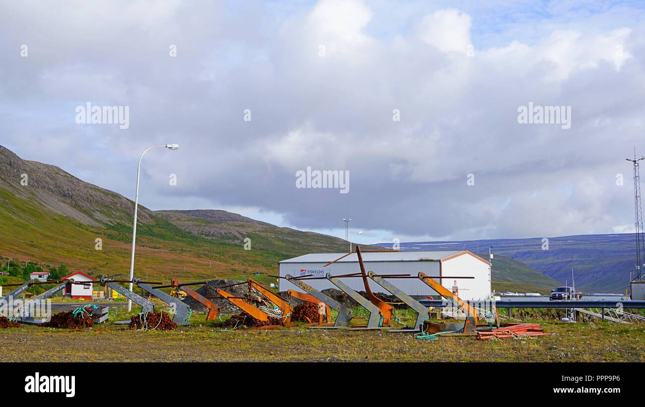 Metal works at the dock in Tálknafjörður, Iceland Stock Photo