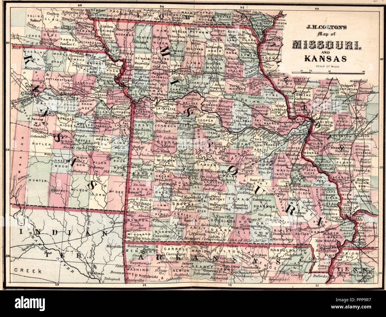 J H Colton's Map of Missouri and Kansas, circa 1863 Stock Photo