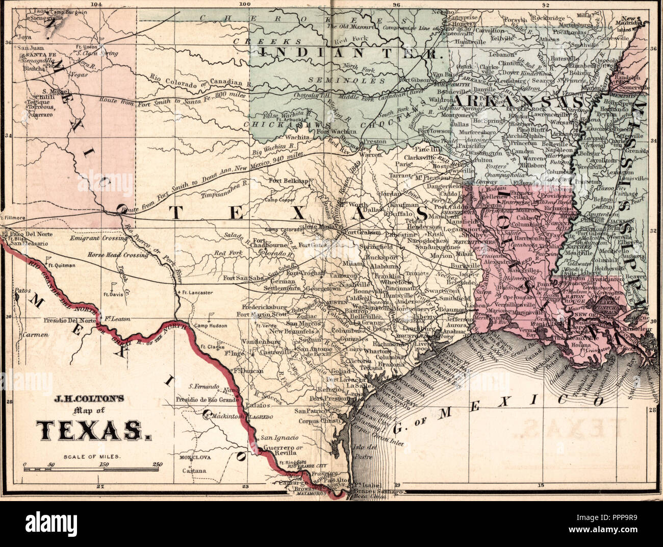 J H Colton's Map of Texas, circa 1863 Stock Photo